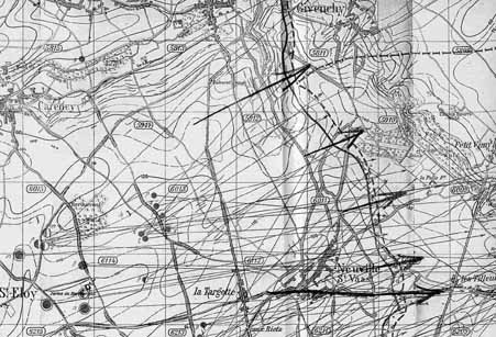 German artiller intelligence map Enemy batteries known with certainty to be firing and spotted 15 to 22 March 1917 Vimy