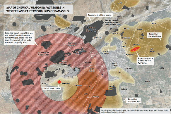 Chemical weapon impact zones, Ghoutta (HRW)