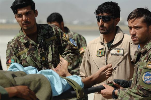Injured ANA soldier lifted from Afghan Air Force C-27A