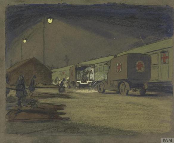 olive-mudie-cooke-unloading-ambulance-train-at-etaples-by-night